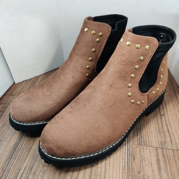 SEVEN7 Romanoff Waterproof Ankle Boot Faux‎ Suede Brown Studs Neoprene Lug Sole - Picture 4 of 16